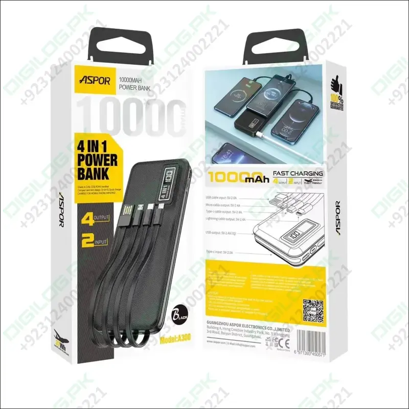 Aspor A300 10,000Mah Portable Power Bank – 4-Port Li-Polymer Charger 1